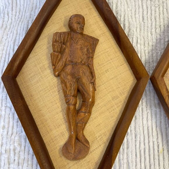 Vintage MCM Teak Burlap Art (2) - Picture 2 of 6